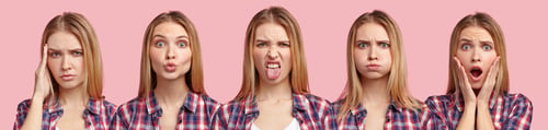 Preview: Horizontal Shot Of Beautiful Blonde Woman Express Five Different Emotions In One Photo: Tired After