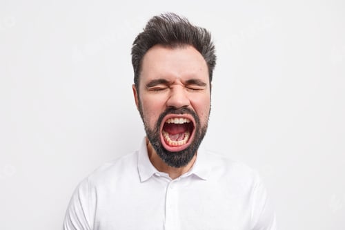 Preview: Portrait Of Emotional Bearded Mad European Man Keeps Mouth Wide Opened Closes Eyes Has Thick Beard
