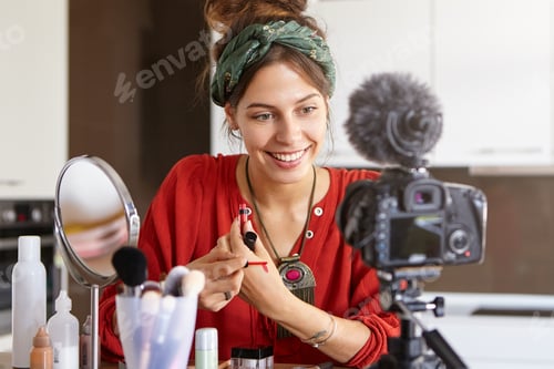 Preview: Attractive Woman Beauty Fashion Blogger Recording Content For Blog, Trying Out New Lip Gloss On Her