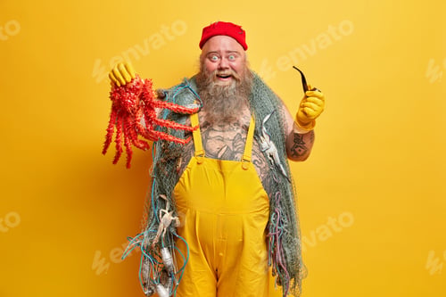 Preview: Marine Adventure, Occupation Concept. Happy Bearded Sailor Shows What Big Octopus He Caught, Wears