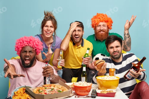 Preview: Disappointed Four Men And One Woman Watch Sport Game, Dissatisfied With Team Failure, Drink Beer