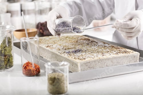 Preview: Laboratory Worker Dressed In White Gown And Gloves Holding Glass Container With Seeds Working