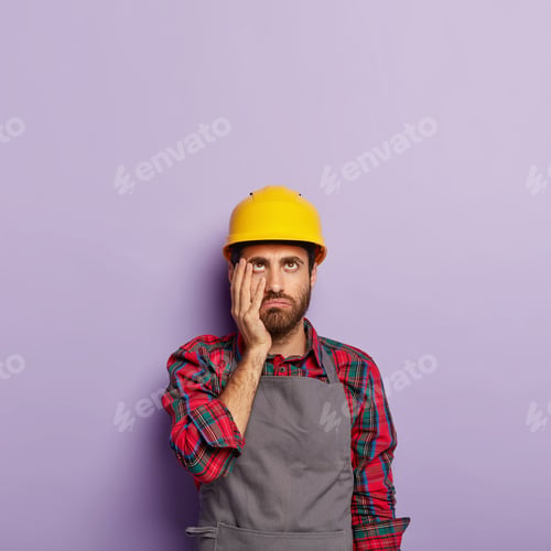 Preview: Tired Technician Touches Cheek, Focused Up, Has To Repair One More Item, Wears Hardhat On Head
