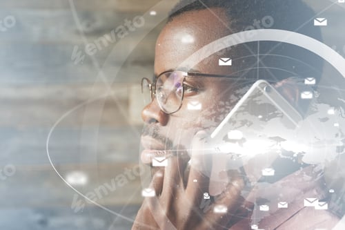 Preview: Futuristic Technology. Visual Effects. Profile Of African Businessman In Glasses, Looking Into