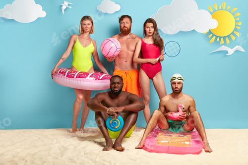 Preview: Discontent Multiethnic Friends Spend Free Time At Coast, Hold Different Swimming Supplies