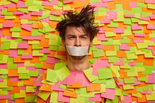 Preview: Depressed Melancholic Man With Taped Mouth, Forced Keep Silence And Not Speak, Looks Sadly At