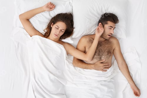 Preview: Indoor Portrait Of Attractive Caucasian Woman Sleeping Tight In Bed Lying On White Sheets Side By