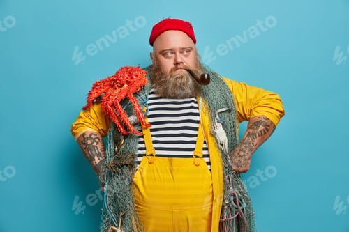 Preview: Pensive Seafarer Being Member Of Vessel Crew, Has Big Stomach, Dressed In Overalls, Understands