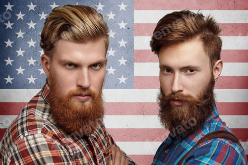 Preview: Two Serious American Bearded Hipster Patriots Dressed In Checkered Shirts Looking Confident And