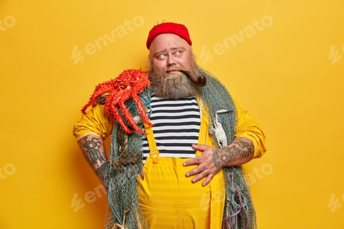 Preview: Pensive Tattooed Sailor Keeps Hand On Belly, Carries Fishing Net Over Neck, Octopus On Shoulder