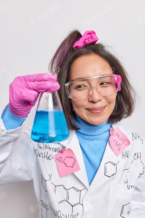 Preview: Satisfied Woman Chemist Investigates Property Of Matter Mixes Reagents Holds Glassware Invents And
