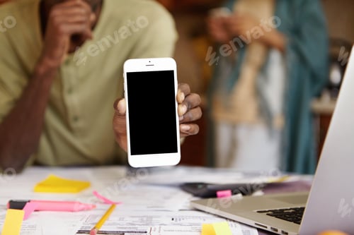 Preview: People, Technology And Communication Concept. Close Up Shot Of Generic White Mobile Phone With Copy