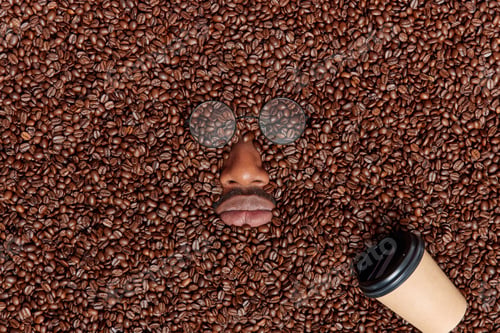 Preview: Unhappy Human Expression Through Coffee Beans Background. Unrecognizable Male Model With Round