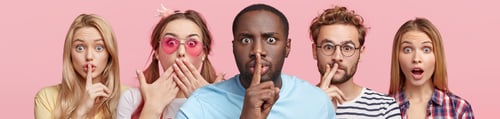Preview: Horizontal Shot Of Five Different People Show Hush Sign, Look With Stupefied Expression, Demand