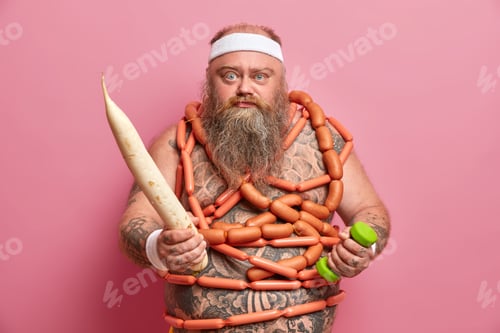 Preview: Serious Bearded Overweight Man Tries To Have Healthy Nutrition Without Fast Food, Wrapped With
