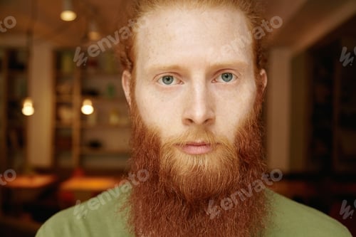 Preview: Close Up Shot Of Handsome Young Freckled Man Looking At Camera With Serious Expression On His Face