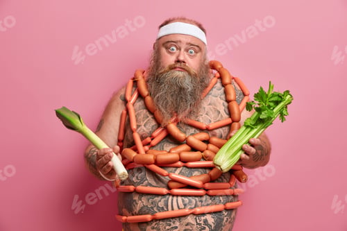 Preview: Fat Man Holds Green Fresh Vegetables, Has Healthy Nutrition To Reduce Health Risks, Wrapped With