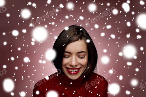 Preview: Winter Beauty Happy Smiling Woman. Christmas Or New Year Girl Concept. Sweet Girl In The Red