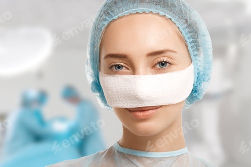 Preview: Headshot Of Young Female In Bandages After Cosmetic Operation Looking With Pleased Smile At The