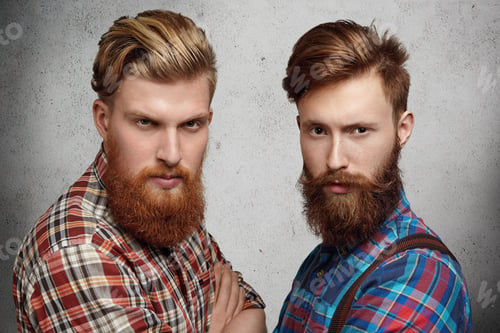 Preview: Two Young Caucasian Handsome Brothers Posing Together Indoors. Fashionable Hipster Models With
