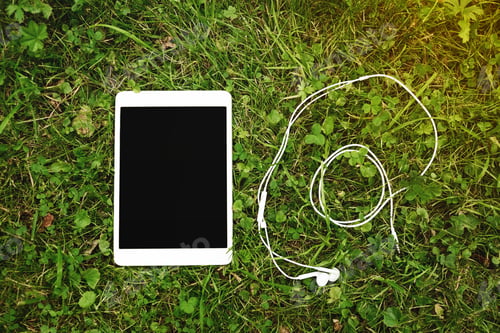 Preview: Digital Tablet With Blank Screen And Headphone Lying On The Grass.