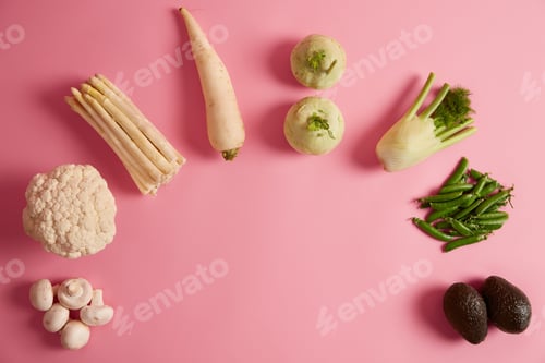 Preview: Top View Of Seasonal Vegetables On Pink Background. Fresh Mushrooms, Broccoli, Asparagus, Radish