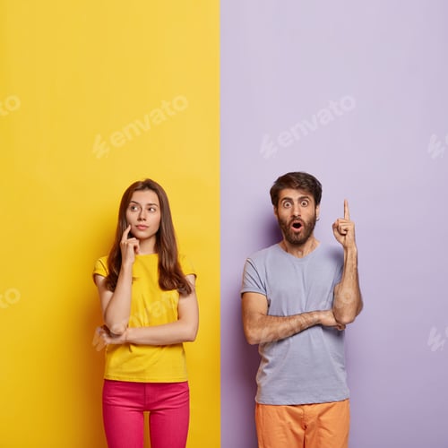 Preview: Shocked Millennial Guy With Scared Expression, Attracts Attention Up, Shows Something Surprising On