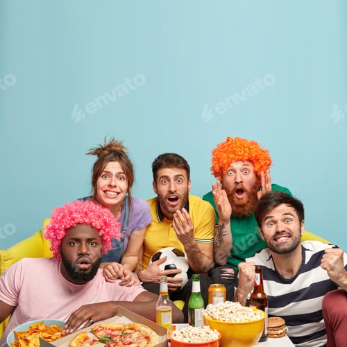 Preview: Time For Watching Championship. Cheerful Worried Men And One Woman Sit On Sofa, Watch Football