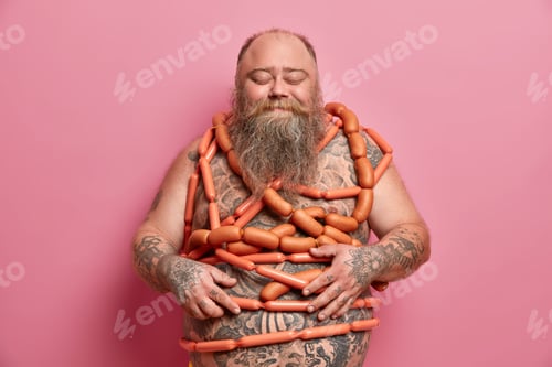 Preview: Overeating And Excess Weight Concept. Happy Obese Man Feel Satiety After Eating Sausages, Got Stout