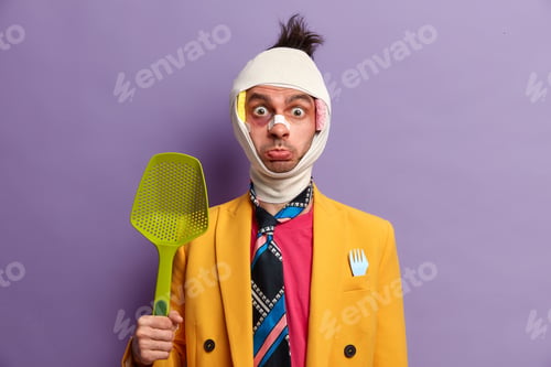 Preview: Dejected Sad Man Has Problems With Health, Stares Surprised At Camera, Wears Bandage Over Head