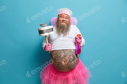 Preview: Spring Cleaning And Housekeeping Concept. Positive Bearded Fairy Of Cleanliness Holds Spray