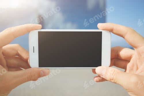 Preview: Close Up Shot Of Man'S Hands Holding Generic Mobile Phone With Copy Space Touch Screen For Your