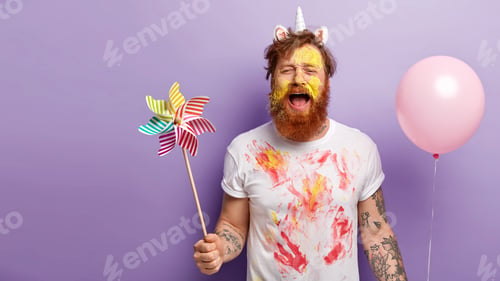 Preview: Desperate Guy Shouts From Tiredness, Has Image Of Unicorn, Being Dirty With Paints, Carries Toy