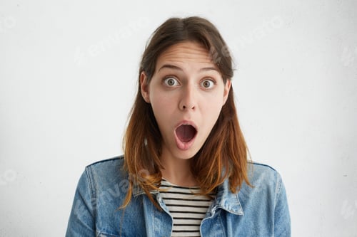 Preview: Cute Female Model Looking With Bugged Eyes And Widely Opened Mouth At Camera Being Astonished Of