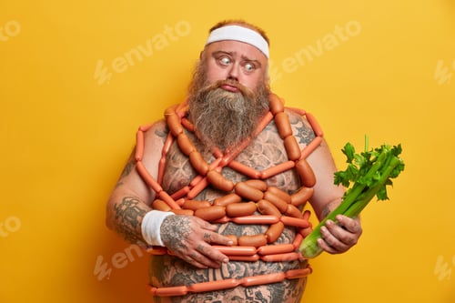 Preview: Puzzled Bearded Stout Man Chooses Celery Instead Of Sausages, Controls What He Eats, Has Healthy