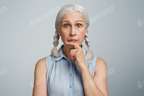 Preview: Mature Shocked Female Has Two Pigtails, Looks With Surprised Expression Directly At Camera, Being