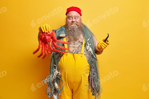 Preview: Expressive Cheerful Bearded Sailor Man Holds Big Octopus, Carries Smoking Pipe, Fishing Net, Enjoys