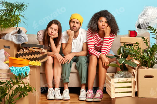 Preview: Photo Of Tired Three Diverse Students Move In New Flat, Change Place Of Living, Have Sleepy