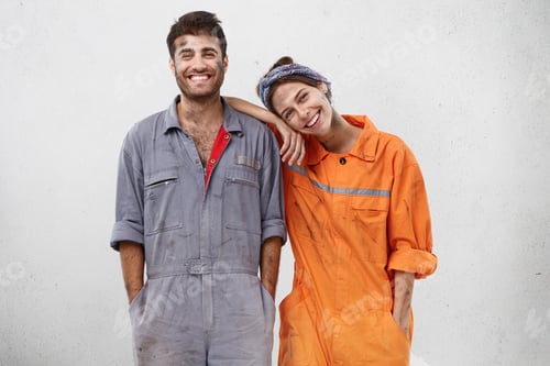 Preview: People, Manual Work And Team Work Concept. Smiling Joyful Female And Male Professional Workers