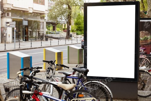Preview: White Billboard With Copy Space For Your Public Information, Text Or Logo, Many Bicycles Near On