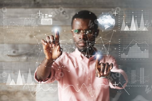 Preview: Black Young Businessman Wearing Glasses And Casual Shirt, Holding Hands Like Touching Futuristic