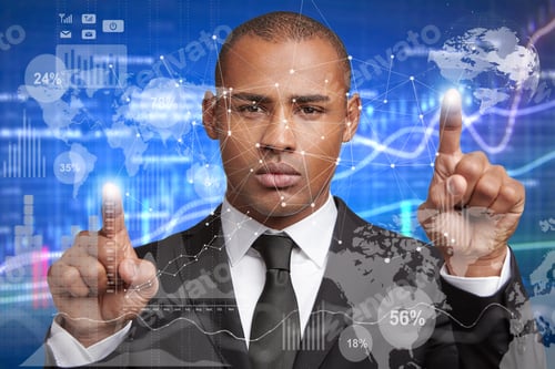 Preview: Double Exposure Of Serious Businessman With Dark Skin Wears Formal Suit, Points At Abstract Digital