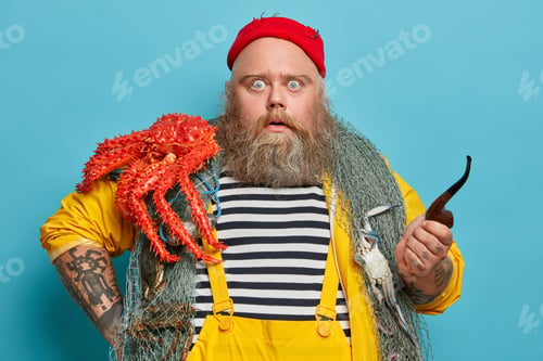 Preview: Photo Of Excited Sailor Poses With Fishing Net, Red Octopus On Shoulder, Holds Smoking Pipe, Hears