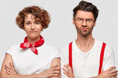 Preview: Horizontal Shot Of Displeased Woman And Man Volunteers Frown Faces As Didn`T Achieve Desirable