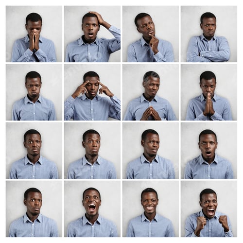 Preview: Set Of African Man Dressed In Blue Shirt Showing Different Emotions: Sadness, Surprise, Anger