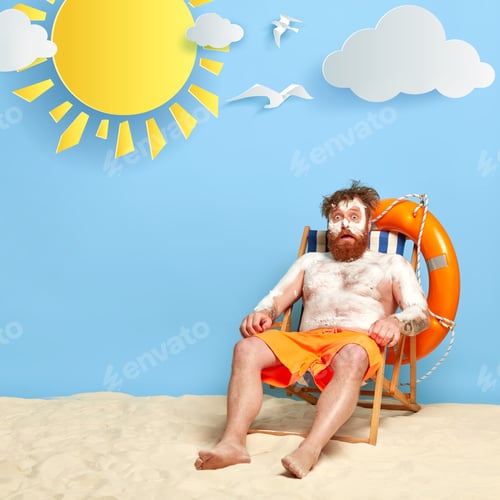 Preview: Shocked Man Has Sunscreen Cream On Body To Protect Skin From Uv Rays, Has Summer Vacation, Burnt