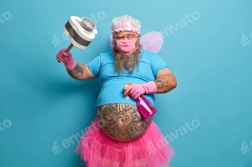 Preview: Time To Clean Everything In Your House. Overweight Plump Fairy Man With Wings, Pretends Flying