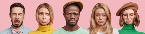 Preview: Group Of Diverse Mixed Race Frustrated Young People Express Negative Emotionns, Frown Faces In