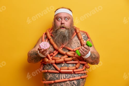 Preview: Stunned Bearded Overweight Adult Man Has Imbalanced Nutrition Has Big Tattoed Belly Wrapped With