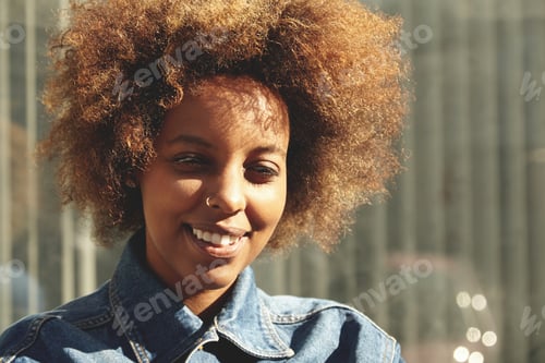 Preview: People And Lifestyle Concept. Hipster African Girl Wearing Trendy Clothes Looking Amd Smiling At